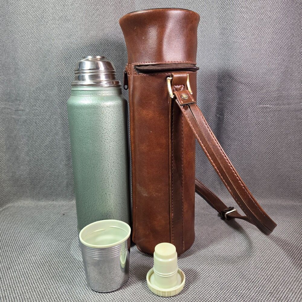 Stanley ANTIQUE VINTAGE THERMOS with Leather Case -Drink Bottle VERY LARGE SIZE